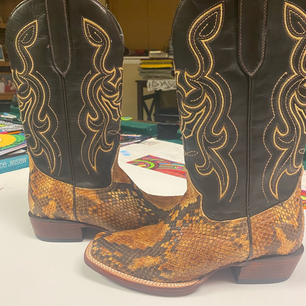 J.B. Dillon Black and Brown Leather Cowboy Boots Genuine Python Made in Mexico